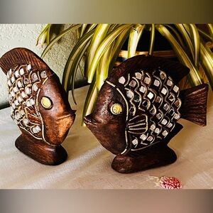 Pair of Hand-Carved Wooden Fish Sculptures – Mosaic Inlay Coastal Décor